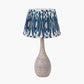 Ioan Grey Engraved Wood Bottle Table Lamp Base with Izara 40cm Ocean Blue Ikat Patterned Mushroom Pleat Tapered Lampshade