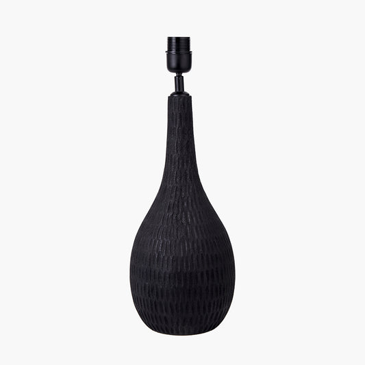 Ioan Black Engraved Wood Bottle Table Lamp Base with Lino 40cm White Self Lined Linen Cylinder Lampshade