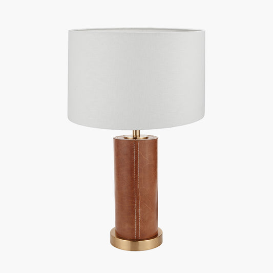 Laurence Tan Leather and Brass Cylindrical Table Lamp Base with Lino 35cm White Self Lined Linen Cylinder Lampshade