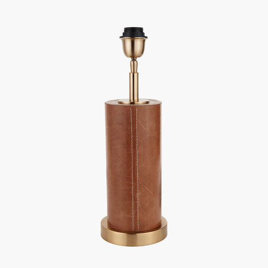 Laurence Tan Leather and Brass Cylindrical Table Lamp Base with Lino 35cm White Self Lined Linen Cylinder Lampshade
