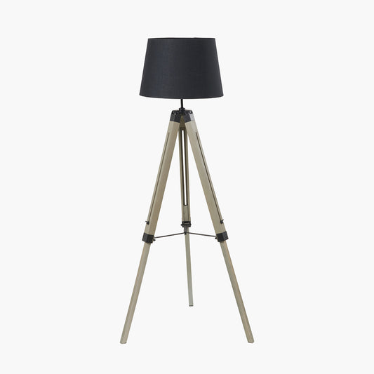 Windsor Sage Green Wooden Tripod Floor Lamp with Adelaide 40cm Black Tapered Cotton Mix Lampshade