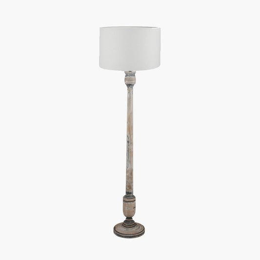 Captiva Grey Wash Mango Wood Floor Lamp Base with Lino 45cm White Self Lined Linen Cylinder Lampshade