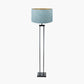 Langston Matt Black Metal Column Floor Lamp Base with Stellan 45cm Duck Egg Slubbed Silk Mix Gold Lined Cylinder Lampshade