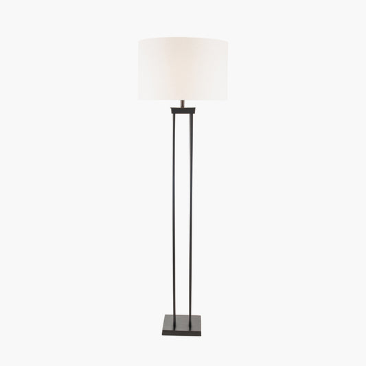 Langston Matt Black Metal Column Floor Lamp Base with Lino 45cm White Self Lined Linen Cylinder Lampshade