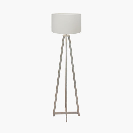 Whitby Grey Wash Wood Tapered 4 Post Floor Lamp Base with Henry 45cm White Handloom Cylinder Lampshade