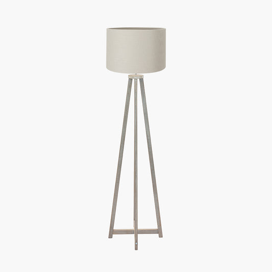 Whitby Grey Wash Wood Tapered 4 Post Floor Lamp Base with Lino 45cm Grey Self Lined Linen Cylinder Lampshade