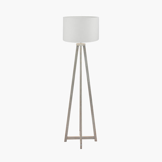 Whitby Grey Wash Wood Tapered 4 Post Floor Lamp Base with Lino 45cm White Self Lined Linen Cylinder Lampshade