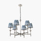 Salvatore Antique Silver Metal 6 Arm Pendant with Izara 16cm Ocean Blue Ikat Patterned Mushroom Pleat Tapered Lampshade