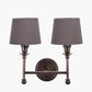 Piero Antique Bronze Metal Double Wall Light with Pelham 15cm Grey Handloom Tapered Candle Clip Lampshades