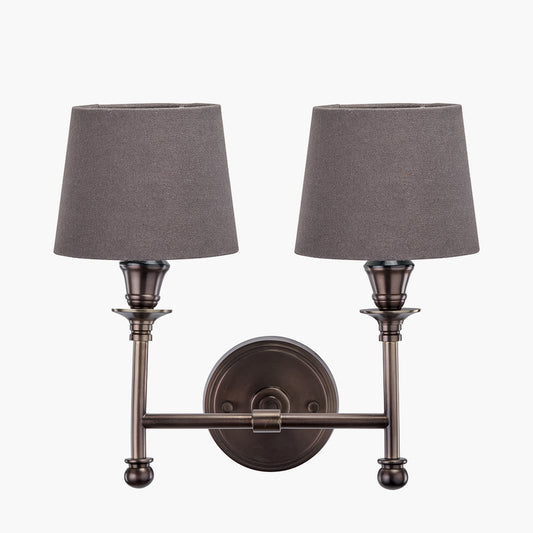Piero Antique Bronze Metal Double Wall Light with Pelham 15cm Grey Handloom Tapered Candle Clip Lampshades
