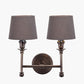 Piero Antique Bronze Metal Double Wall Light with Pelham 15cm Grey Handloom Tapered Candle Clip Lampshades