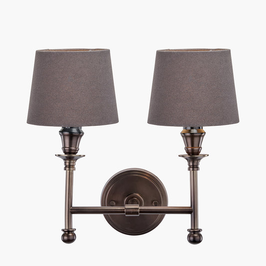 Piero Antique Bronze Metal Double Wall Light with Pelham 15cm Grey Handloom Tapered Candle Clip Lampshades