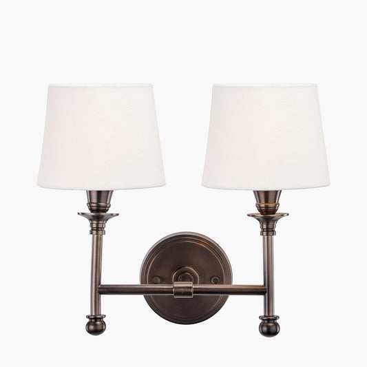 Piero Antique Bronze Metal Double Wall Light with Pelham 15cm White Handloom Tapered Candle Clip Lampshades