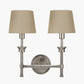 Salvatore Antique Silver Metal Double Wall Light with Pelham 15cm Taupe Handloom Tapered Candle Clip Lampshades