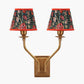 Tatiana Antique Brass Metal Double Wall Light with Floressa 16cm Red Floral Patterned Mushroom Pleat Tapered Lamp Shade