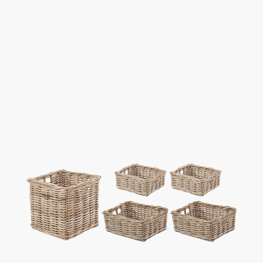 Tobs S/5 Grey Kubu Rattan Rectangular Storage Baskets