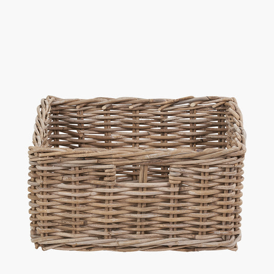 Tobs Grey Kubu Rattan Square Storage Basket with Inset Handles