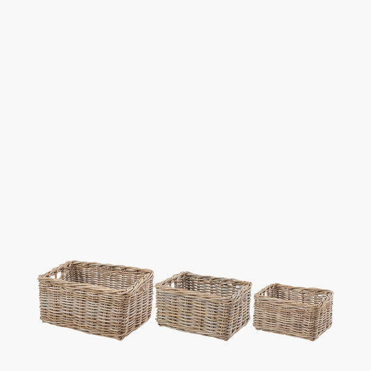 Tobs S/3 Grey Kubu Rattan Rectangular Storage Baskets with Inset Handles