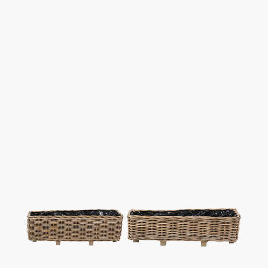 Tobs S/2 Indoor Outdoor Grey Kubu Rattan Basket Trough Planters