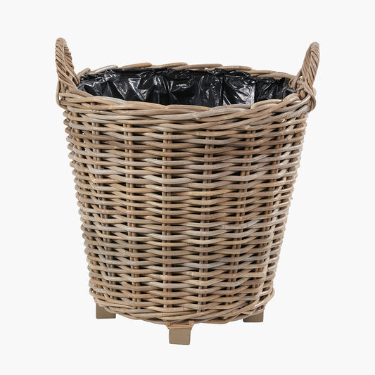 Tobs Indoor Outdoor Grey Kubu Rattan Round Basket Planter with Handles