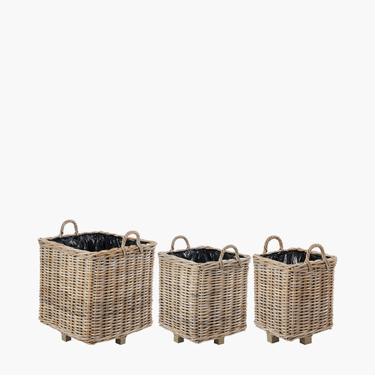 Tobs S/3 Indoor Outdoor Grey Kubu Rattan Square Basket Planters with Handles
