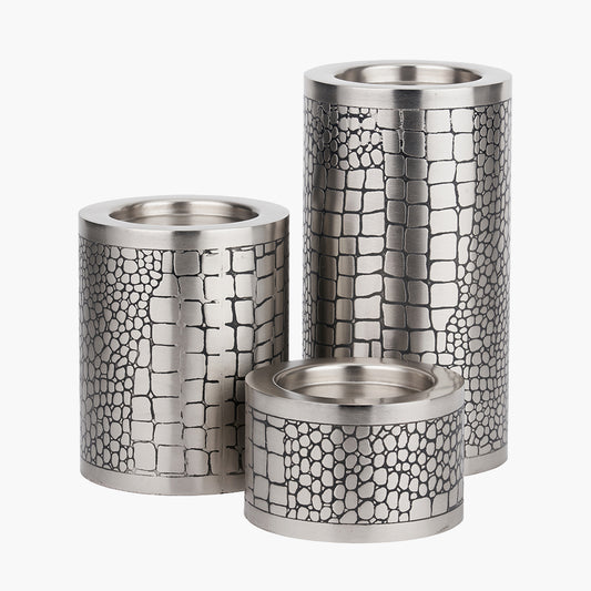 S/3 Antique Silver Croc Print Metal Pillar Candle Holders