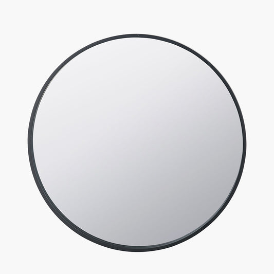 Black Wood Veneer and Mirrored Glass Round Wall Mirror
