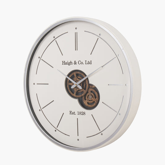 Ivory and Silver Wood Working Cog Wall Clock
