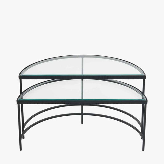 Marazzi S/2 Bevelled Glass and Black Metal Half Moon Coffee Tables