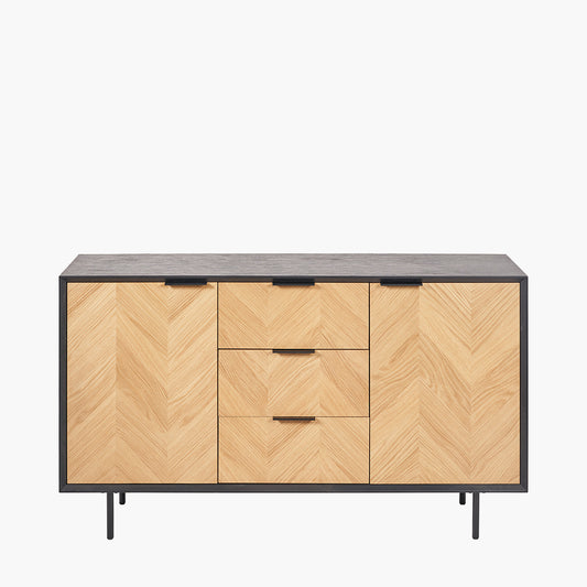 Hailee Black and Natural Chevron Oak and Pine Wood 2 Door 3 Drawer Sideboard