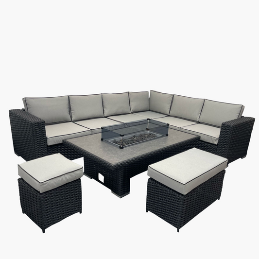 6-Piece Outdoor Rattan Sectional Sofa Set with Fire Pit Table – Wicker Patio Furniture Set with Cushions, Ottomans & Propane Fire Pit – All-Weather Garden Furniture Set