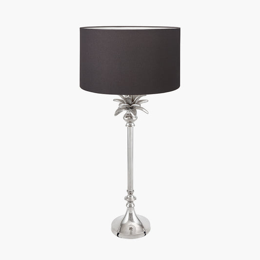 Trafalgar Nickel Metal Palm Tree Table Lamp Base with Henry 35cm Grey Handloom Cylinder Lampshade