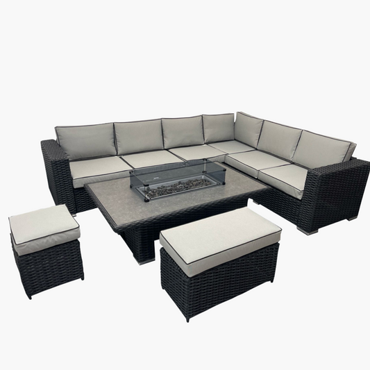 6-Piece Outdoor Rattan Sectional Sofa Set with Fire Pit Table – Wicker Patio Furniture Set with Cushions, Ottomans & Propane Fire Pit – All-Weather Garden Furniture Set