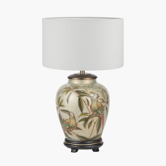 Parrot Small Glass Table Lamp Base with Lino 25cm White Self Lined Linen Cylinder Lampshade
