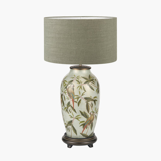 Parrot Tall Glass Table Lamp Base with Edward 40cm Pistachio Green Linen Cylinder Lampshade