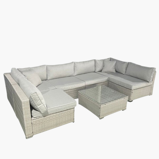Outdoor Rattan Sectional Sofa Set – Modular Wicker Patio Couch with Cushions & Glass-Top Coffee Table – All-Weather U-Shaped Garden Furniture Set