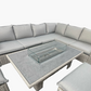 Light Grey Greige Rattan Outdoor Corner Sofa Set with Fire Pit Table – Wicker Garden Lounge Furniture with Cushions & Ottomans – All-Weather Patio Furniture Set