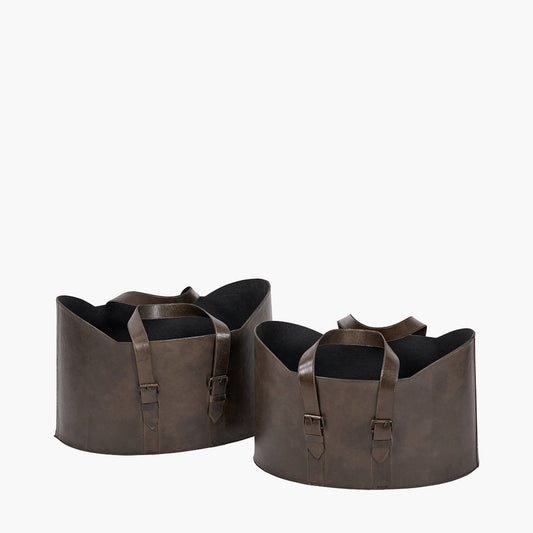 Alessio S/2 Peppercorn Leather Handled Storage