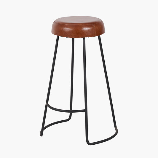 Cosimo Vintage Brown Leather and Black Metal Bar Stool