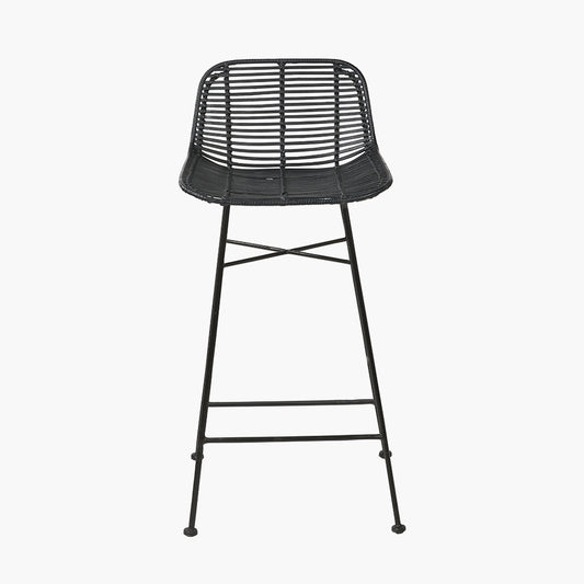 Black Rattan Core and Black Metal Bar Stool