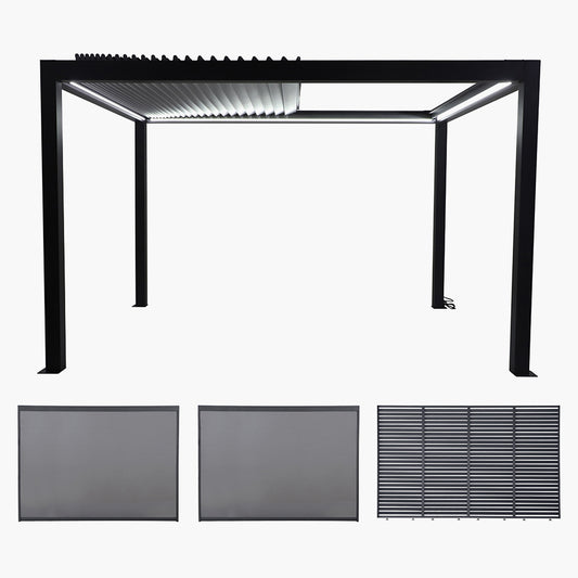 Abierto Full Electric 3m x 4m inc LED complete with 1 x 4m Fixed Louvre Panel & 2 x 3m Manual Blinds