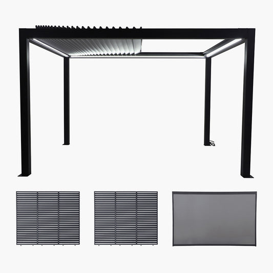 Abierto Full Electric 3m x 4m inc LED complete with 2 x 3m Fixed Louvre Panels & 1 x 4m Manual Blind