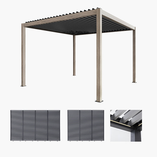 Pavillo Teak 3.5m x 3.5m Pergola, Pavillo Louvre Front/Back Panel Long, Pavillo Louvre Side Panel Short, Pavillo LED plus Delivery and Installation