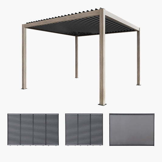 Pavillo Teak 3.5m x 3.5m Pergola, Pavillo Louvre Front/Back Panel Long, Pavillo Louvre Side Panel Short, Pavillo Side Blind Short, Delivery and Installation