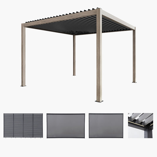 Pavillo Teak 3.5m x 3.5m Pergola, Pavillo Louvre Front/Back Panel Long, Pavillo Front/Back Blind Long, Pavillo Side Blind Short, Pavillo LED, Delivery and Installation