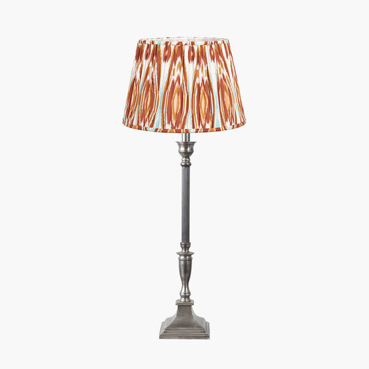 Canterbury Antique Silver Metal Table Lamp Base with Izara 35cm Cinnamon Ikat Patterned Mushroom Pleat Tapered Lampshade
