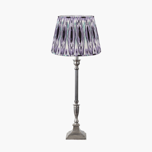 Canterbury Antique Silver Metal Table Lamp Base with Izara 35cm Lilac Ikat Patterned Mushroom Pleat Tapered Lampshade