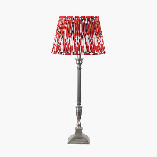 Canterbury Antique Silver Metal Table Lamp Base with Izara 35cm Red Ikat Patterned Mushroom Pleat Tapered Lampshade