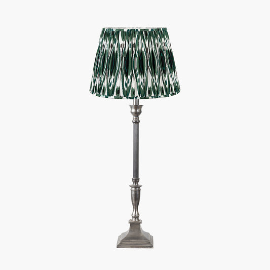 Canterbury Antique Silver Metal Table Lamp Base with Izara 35cm Racing Green Ikat Patterned Mushroom Pleat Tapered Lampshade
