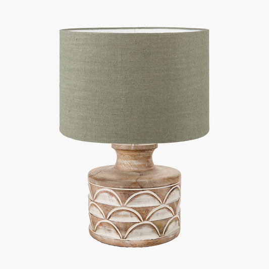 Kingsbury White Wash Large Carved Wood Table Lamp Base with Edward 40cm Pistachio Green Linen Cylinder Lampshade
